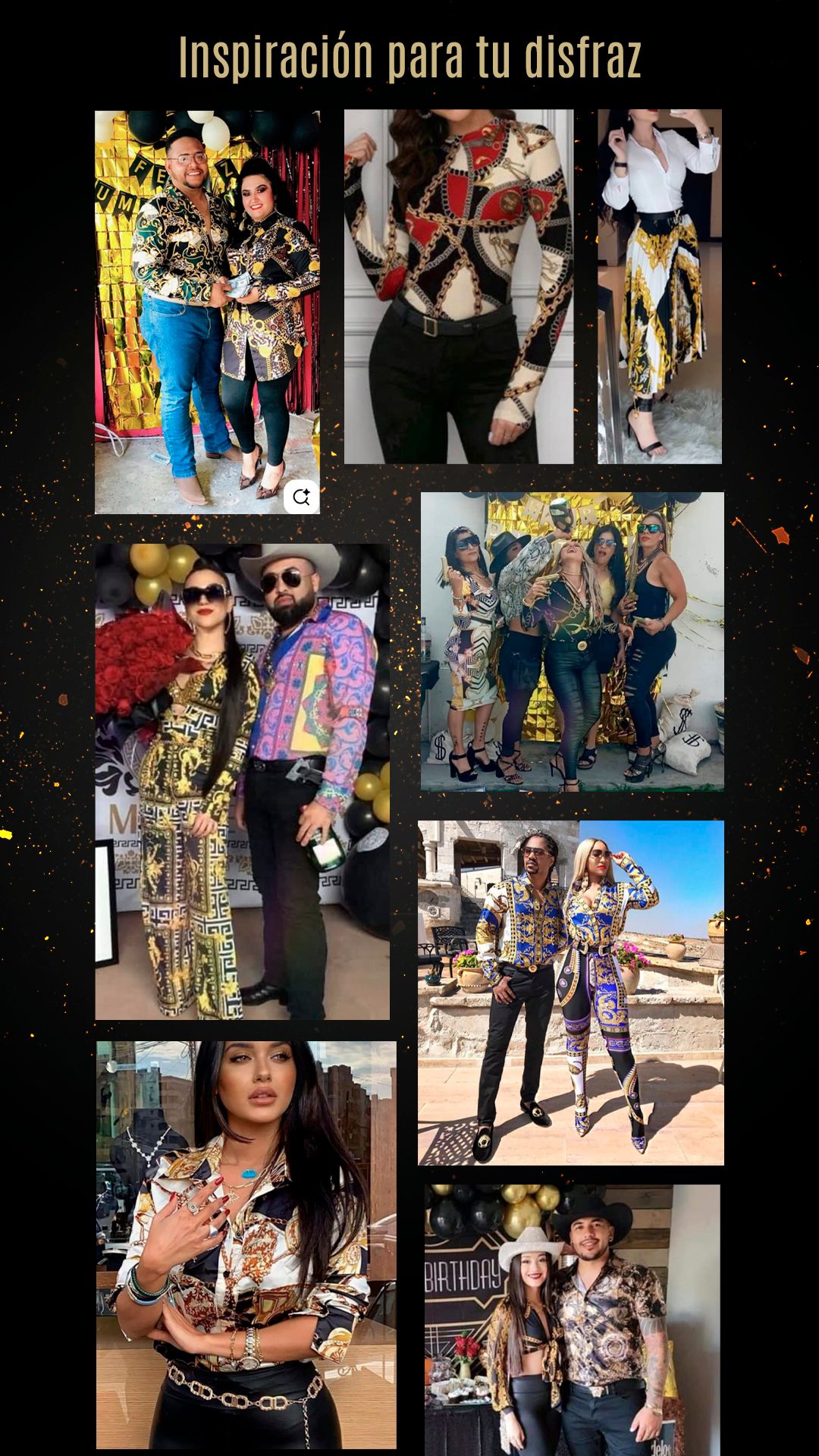 Inspiración para tu disfraz: ejemplos de ropa estilo buchón y buchona con estampados dorados y negros